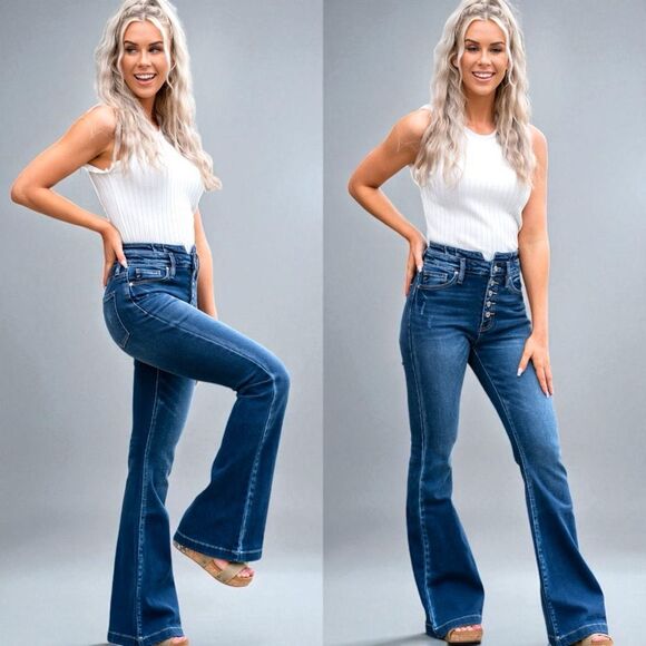 Kancan High Rise Curvy Dark Wash Button Fly Flare NWT - Picture 3 of 16